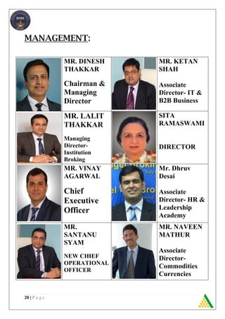 20 | P a g e
MANAGEMENT:
MR. DINESH
THAKKAR
Chairman &
Managing
Director
MR. KETAN
SHAH
Associate
Director- IT &
B2B Business
MR. LALIT
THAKKAR
Managing
Director-
Institution
Broking
SITA
RAMASWAMI
DIRECTOR
MR. VINAY
AGARWAL
Chief
Executive
Officer
Mr. Dhruv
Desai
Associate
Director- HR &
Leadership
Academy
MR.
SANTANU
SYAM
NEW CHIEF
OPERATIONAL
OFFICER
MR. NAVEEN
MATHUR
Associate
Director-
Commodities
Currencies
 