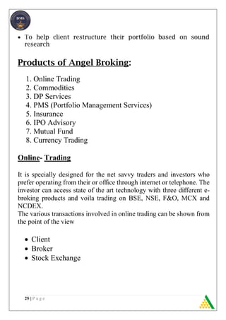 25 | P a g e
 To help client restructure their portfolio based on sound
research
Products of Angel Broking:
1. Online Trading
2. Commodities
3. DP Services
4. PMS (Portfolio Management Services)
5. Insurance
6. IPO Advisory
7. Mutual Fund
8. Currency Trading
Online- Trading
It is specially designed for the net savvy traders and investors who
prefer operating from their or office through internet or telephone. The
investor can access state of the art technology with three different e-
broking products and voila trading on BSE, NSE, F&O, MCX and
NCDEX.
The various transactions involved in online trading can be shown from
the point of the view
 Client
 Broker
 Stock Exchange
 