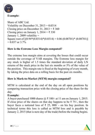 60 | P a g e
Example:
Share of ABC Ltd.
Volatility on December 31, 2013 = 0.0314
Closing price on December 31, 2013 = ₹ 360
Closing price on January 1, 2014 = ₹ 330
January 1, 2009 volatility =
Square root of [(0.94*(0.0314)*(0.0314) + 0.06 (0.08701)* (0.08701)]
= 0.037 or 3.7%
How is the Extreme Loss Margin computed?
The extreme loss margin aims at covering the losses that could occur
outside the coverage of VAR margins. The Extreme loss margin for
any stock is higher of 1.5 times the standard deviation of daily LN
returns of the stock price in the last six months or 5% of the value of
the position. This margin rate is fixed at the beginning of every month,
by taking the price data on a rolling basis for the past six months.
How is Mark-to-Market (MTM) margin computed?
MTM is calculated at the end of the day on all open positions by
comparing transaction price with the closing price of the share for the
day.
Example:
A buyer purchased 1000 shares @ ₹ 100/- at 11 am on January 1, 2015.
If close price of the shares on that day happens to be ₹ 75/-, then the
buyer faces a notional loss of ₹ 25, 000/ - on his buy position. In
technical terms this loss is called as MTM loss and is payable by
January 2, 2015 (that is next day of the trade) before the trading begins.
 