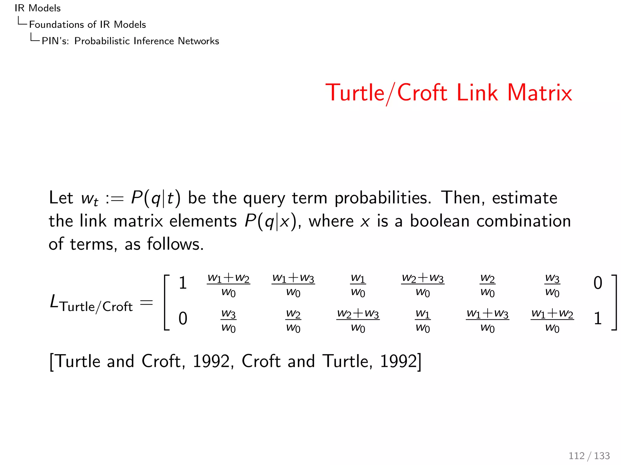 nition (BM25 term weight wBM25) 
wBM25;k1;b;k3(t; d; q; r ; r ) := 
X 
t2dq 
TFBM25;k1;b(t; d)  TFBM25;k3(t; q)  wRSJ(t; r ; r ) 
TFBM25;k1;b(t; d) := 
tfd 
tfd + k1  (b  pivdl(d) + (1  b)) 
90 / 133 
 