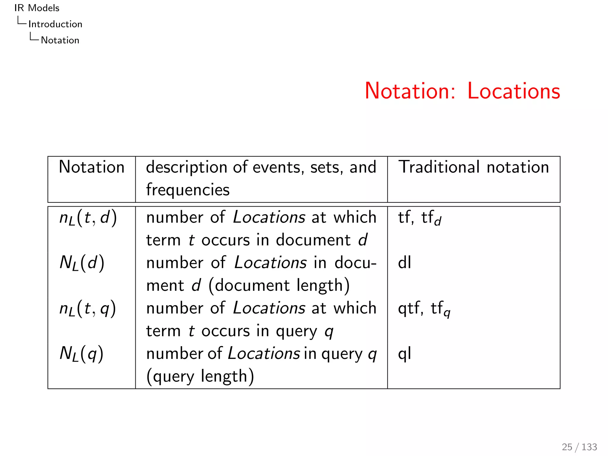 IR Models 
Introduction 
Notation 
Notation: Locations 
Notation description of events, sets, and 
frequencies 
Traditional notation 
nL(t; d) number of Locations at which 
term t occurs in document d 
tf, tfd 
NL(d) number of Locations in docu- 
ment d (document length) 
dl 
nL(t; q) number of Locations at which 
term t occurs in query q 
qtf, tfq 
NL(q) number of Locations in query q 
(query length) 
ql 
25 / 133 
 