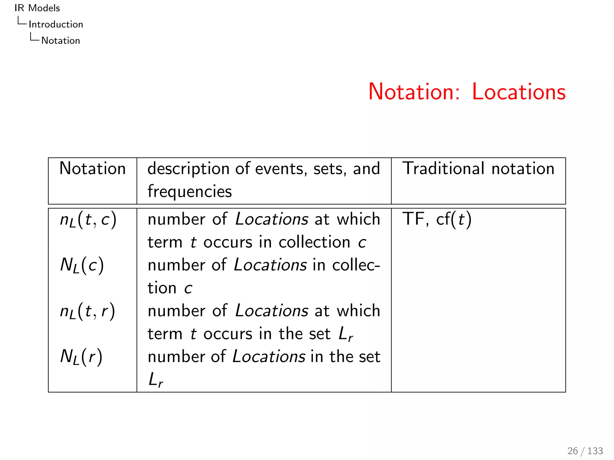 IR Models 
Introduction 
Notation 
Notation: Locations 
Notation description of events, sets, and 
frequencies 
Traditional notation 
nL(t; c) number of Locations at which 
term t occurs in collection c 
TF, cf(t) 
NL(c) number of Locations in collec- 
tion c 
nL(t; r ) number of Locations at which 
term t occurs in the set Lr 
NL(r ) number of Locations in the set 
Lr 
26 / 133 
 