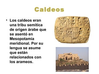 Caldeos
• Los caldeos eran
una tribu semítica
de origen árabe que
se asentó en
Mesopotamia
meridional. Por su
lengua se asume
que están
relacionados con
los arameos.
 