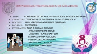 COMPONENTES DEL ANALISIS SITUACIONAL INTEGRAL DE SALUD
TECNOLOGIA DE ENFERMERIA EN SALUD PUBLICA “A”
MAG. VERONICA CASAFRANCA ZAMBRANO
ENFERMERIA
FLOR S. CHIPANA GUEVARA
ANNLY CONTRERAS BRAVO
LISSETH C. HILARES CASTILLO
ELBIRA ESPINOZA VELAZQUE
SUSENA CUELLAR PALOMINO
THALIA ACHULLI AGUILAR
ELVIA RAMOS PALOMINO
 