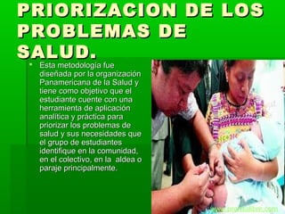 PRIORIZACION DE LOS
PROBLEMAS DE
SALUD.
 Esta metodología fue
 
 diseñada por la organización
 Panamericana de la Salud y
 tiene como objetivo que el
 estudiante cuente con una
 herramienta de aplicación
 analítica y práctica para
 priorizar los problemas de
 salud y sus necesidades que
 el grupo de estudiantes
 identifique en la comunidad,
 en el colectivo, en la aldea o
 paraje principalmente.




                                  www.prensalibre.com
 