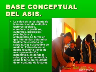BASE CONCEPTUAL
DEL ASIS.
 La salud es la resultante de
  la interacción de múltiples
  factores sociales,
  económicos, políticos,
  culturales, biológicos,
  psicológicos y
  ambientales. La forma en
  que interactúan determina
  finalmente el estado de
  salud que es susceptible de
  medirse. Esta relación se
  puede resumir a través de
  una representación
  matemática, en donde la
  salud puede ser entendida
  como la función resultante
  de un conjunto de factores.

                                 200.5.235.211
 