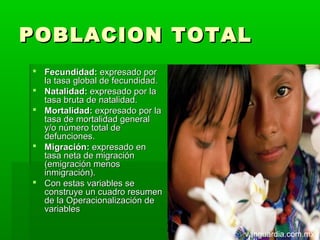 POBLACION TOTAL
 Fecundidad: expresado por
  la tasa global de fecundidad.
 Natalidad: expresado por la
  tasa bruta de natalidad.
 Mortalidad: expresado por la
  tasa de mortalidad general
  y/o número total de
  defunciones.
 Migración: expresado en
  tasa neta de migración
  (emigración menos
  inmigración).
 Con estas variables se
  construye un cuadro resumen
  de la Operacionalización de
  variables

                                  vanguardia.com.mx
 