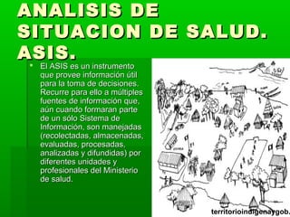 ANALISIS DE
SITUACION DE SALUD.
ASIS.
 El ASIS es un instrumento
 
 que provee información útil
 para la toma de decisiones.
 Recurre para ello a múltiples
 fuentes de información que,
 aún cuando formaran parte
 de un sólo Sistema de
 Información, son manejadas
 (recolectadas, almacenadas,
 evaluadas, procesadas,
 analizadas y difundidas) por
 diferentes unidades y
 profesionales del Ministerio
 de salud.



                                 territorioindigenaygob.
 
