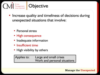 Objective
• Increase quality and timeliness of decisions during
  unexpected situations that involve:

   •   Personal stress
   •   High consequence
   •   Inadequate information
   •   Insufficient time
   •   High visibility by others

    Applies to:      Large and small crises
                     Work and personal situations
 