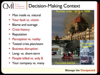 Decision-Making Context
                               Mumbai, India   26 Nov. 2008
•   Man made vs. natural
•   Your fault vs. victim
•   Blame and outrage
•   Crisis history
•   Reputation
•   Perception vs. reality
•   Tested crisis plan/team                         Man Made
                                                    Explosion
•   Business disruption
•   Long- vs. short-term
•   People killed vs. only $
•   Your company vs. many      Hurricane Katrina
 