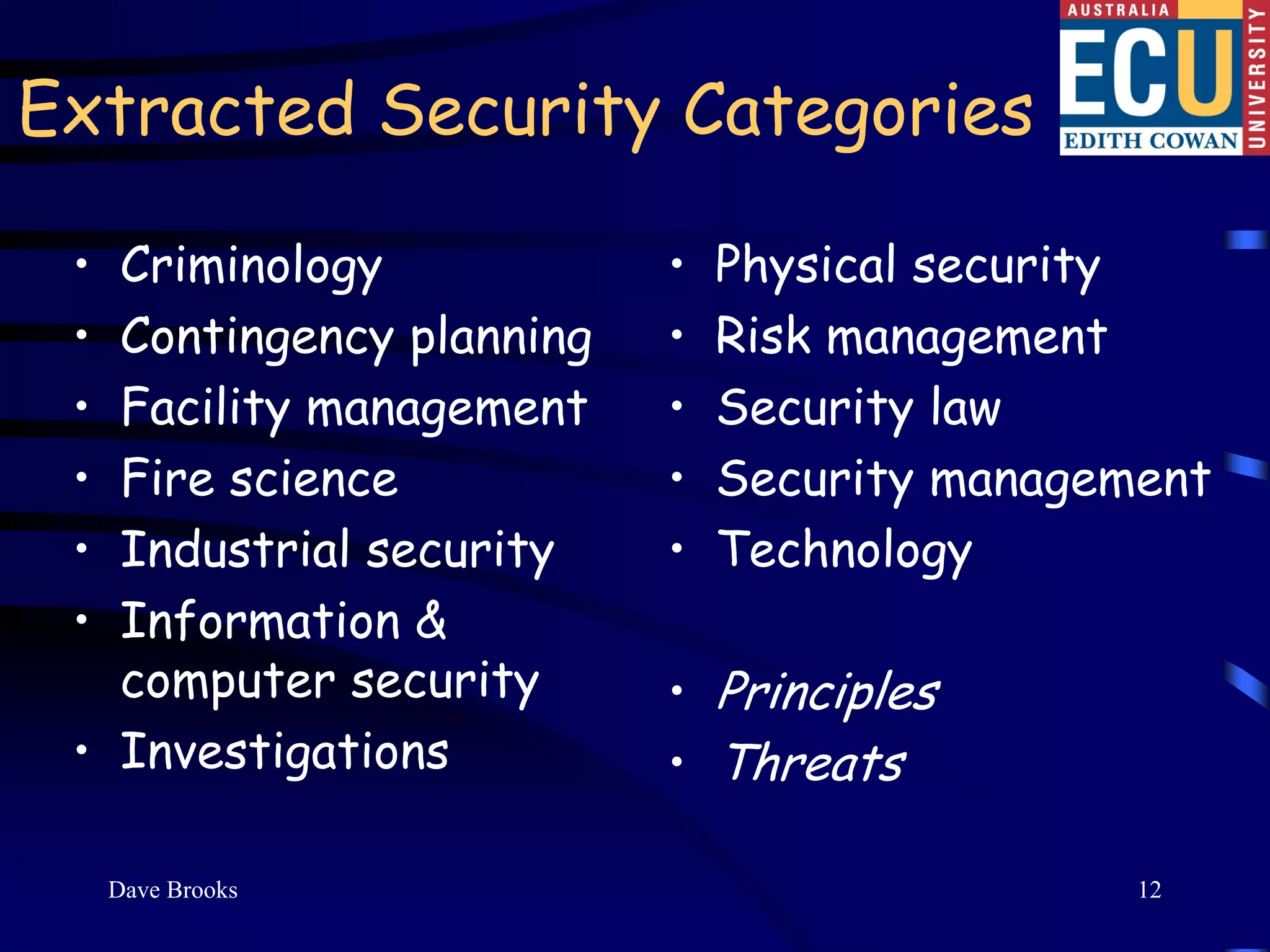 Extracted Security Categories

 • Criminology            •   Physical security
 • Contingency planning   •   Risk management
 • Facility management    •   Security law
 • Fire science           •   Security management
 • Industrial security    •   Technology
 • Information &
   computer security      • Principles
 • Investigations         • Threats

     Dave Brooks                              12
 