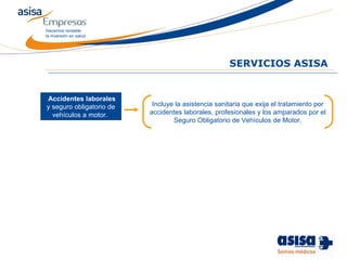 Hacemos rentable
la inversión en salud
SERVICIOS ASISA
Accidentes laborales
y seguro obligatorio de
vehículos a motor.
Incluye la asistencia sanitaria que exija el tratamiento por
accidentes laborales, profesionales y los amparados por el
Seguro Obligatorio de Vehículos de Motor.
 