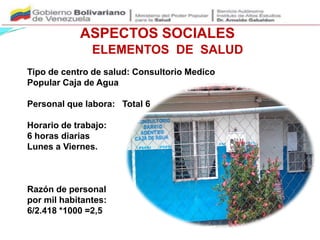 ASPECTOS SOCIALES
ELEMENTOS DE SALUD
Tipo de centro de salud: Consultorio Medico
Popular Caja de Agua
Personal que labora: Total 6
Horario de trabajo:
6 horas diarias
Lunes a Viernes.
Razón de personal
por mil habitantes:
6/2.418 *1000 =2,5
 