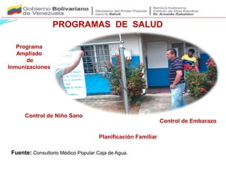 PROGRAMAS DE SALUD
Fuente: Consultorio Médico Popular Caja de Agua.
Programa
Ampliado
de
Inmunizaciones
Control de Embarazo
Control de Niño Sano
Planificación Familiar
 