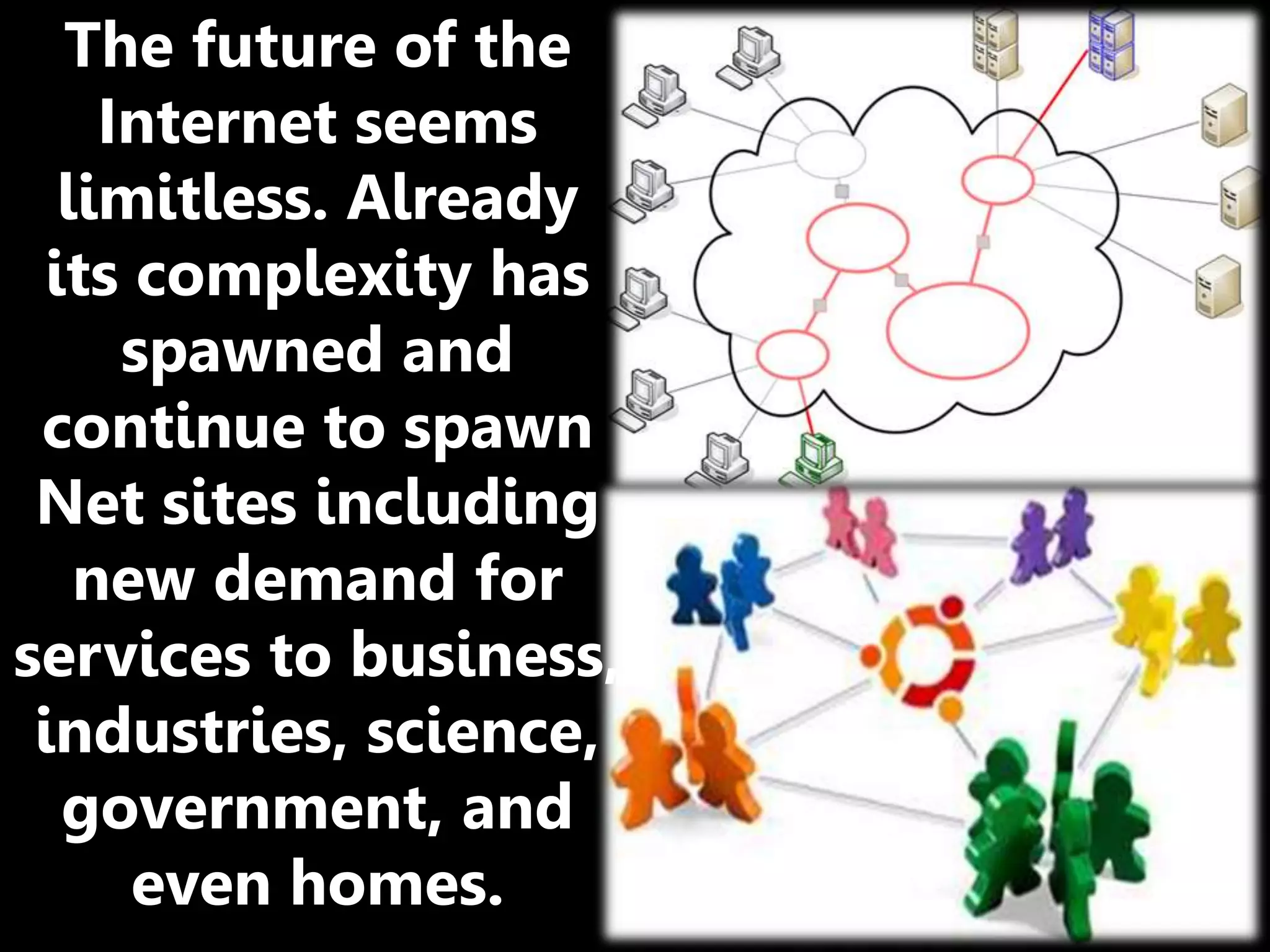 The future of the
Internet seems
limitless. Already
its complexity has
spawned and
continue to spawn
Net sites including
new demand for
services to business,
industries, science,
government, and
even homes.
 