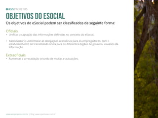 Objetivos do eSocial

Os objetivos do eSocial podem ser classiﬁcados da seguinte forma:
Oﬁciais!

•  Uniﬁcar a captação das informações deﬁnidas no conceito do eSocial;
•  Racionalizar e uniformizar as obrigações acessórias para os empregadores, com o
estabelecimento de transmissão única para os diferentes órgãos de governo, usuários da
informação.

Extraoﬁciais!

•  Aumentar a arrecadação oriunda de multas e autuações.

www.asisprojetos.com.br | Blog: www.spednews.com.br

 