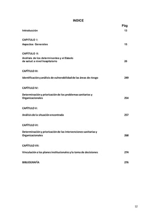 12
INDICE
Pàg
Introducción 13
CAPITULO I:
Aspectos Generales 15
CAPÌTULO II:
Análisis de los determinantes y el Estado
de salud a nivel hospitalario 20
CAPÌTULO III:
Identificaciónyanálisis de vulnerabilidadde las áreas de riesgo 249
CAPÌTULO IV:
Determinacióny priorizaciónde los problemassanitarios y
Organizacionales 254
CAPÌTULO V:
Análisisde la situaciónencontrada 257
CAPÌTULO VI:
Determinacióny priorizaciónde las intervencionessanitariasy
Organizacionales 268
CAPÌTULO VII:
Vinculacióna los planesinstitucionalesyla toma de decisiones 274
BIBLIOGRAFÌA 276
 