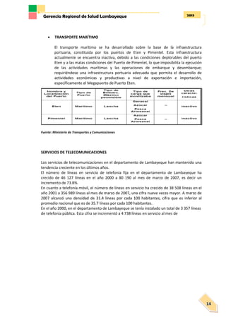 2013Gerencia Regional de Salud Lambayeque
14
 TRANSPORTE MARÍTIMO
El transporte marítimo se ha desarrollado sobre la base de la infraestructura
portuaria, constituida por los puertos de Eten y Pimentel. Esta infraestructura
actualmente se encuentra inactiva, debido a las condiciones deplorables del puerto
Eten y a las malas condiciones del Puerto de Pimentel, lo que imposibilita la ejecución
de las actividades marítimas y las operaciones de embarque y desembarque;
requiriéndose una infraestructura portuaria adecuada que permita el desarrollo de
actividades económicas y productivas a nivel de exportación e importación,
específicamente el Megapuerto de Puerto Eten.
Fuente: Ministerio de Transportes y Comunicaciones
SERVICIOS DE TELECOMUNICACIONES
Los servicios de telecomunicaciones en el departamento de Lambayeque han mantenido una
tendencia creciente en los últimos años.
El número de líneas en servicio de telefonía fija en el departamento de Lambayeque ha
crecido de 46 127 líneas en el año 2000 a 80 190 al mes de marzo de 2007, es decir un
incremento de 73.8%.
En cuanto a telefonía móvil, el número de líneas en servicio ha crecido de 38 508 líneas en el
año 2001 a 356 989 líneas al mes de marzo de 2007, una cifra nueve veces mayor. A marzo de
2007 alcanzó una densidad de 31.4 líneas por cada 100 habitantes, cifra que es inferior al
promedio nacional que es de 35.7 líneas por cada 100 habitantes.
En el año 2000, en el departamento de Lambayeque se tenía instalado un total de 3 357 líneas
de telefonía pública. Esta cifra se incrementó a 4 738 líneas en servicio al mes de
 