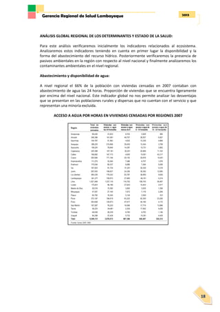 2013Gerencia Regional de Salud Lambayeque
18
ANÁLISIS GLOBAL REGIONAL DE LOS DETERMINANTES Y ESTADO DE LA SALUD:
Para este análisis verificaremos inicialmente los indicadores relacionados al ecosistema.
Analizaremos estos indicadores teniendo en cuenta en primer lugar la disponibilidad y la
forma del abastecimiento del recurso hídrico. Posteriormente verificaremos la presencia de
pasivos ambientales en la región con respecto al nivel nacional y finalmente analizaremos los
contaminantes ambientales en el nivel regional.
Abastecimiento y disponibilidad de agua:
A nivel regional el 66% de la población con viviendas censadas en 2007 contaban con
abastecimiento de agua las 24 horas. Proporción de viviendas que se encuentra ligeramente
por encima del nivel nacional. Este indicador global no nos permite analizar las desventajas
que se presentan en las poblaciones rurales y dispersas que no cuentan con el servicio y que
representan una minoría excluida.
ACCESO A AGUA POR HORAS EN VIVIENDAS CENSADAS POR REGIONES 2007
 