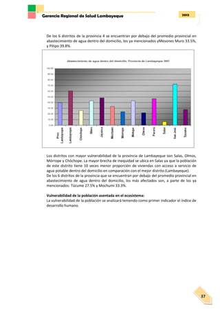 2013Gerencia Regional de Salud Lambayeque
37
De los 6 distritos de la provincia 4 se encuentran por debajo del promedio provincial en
abastecimiento de agua dentro del domicilio, los ya mencionados yMesones Muro 33.5%,
y Pítipo 39.8%.
Los distritos con mayor vulnerabilidad de la provincia de Lambayeque son Salas, Olmos,
Mórrope y Chóchope. La mayor brecha de inequidad se ubica en Salas ya que la población
de este distrito tiene 10 veces menor proporción de viviendas con acceso a servicio de
agua potable dentro del domicilio en comparación con el mejor distrito (Lambayeque).
De los 6 distritos de la provincia que se encuentran por debajo del promedio provincial en
abastecimiento de agua dentro del domicilio, los más afectados son, a parte de los ya
mencionados: Túcume 27.5% y Mochumí 33.3%.
Vulnerabilidad de la población asentada en el ecosistema:
La vulnerabilidad de la población se analizará teniendo como primer indicador el índice de
desarrollo humano.
 