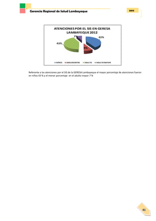 2013Gerencia Regional de Salud Lambayeque
41
Referente a las atenciones por el SIS de la GERESA Lambayeque el mayor porcentaje de atenciones fueron
en niños 43 % y el menor porcentaje en el adulto mayor 7 %
 