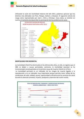 2013Gerencia Regional de Salud Lambayeque
46
Utilizando la razón de mortalidad materna del año 2011, podemos apreciar que los
distritos más afectados son Picsi, Patapo, Cañaris y Inkawasi. El siguiente estrato de
riesgo viene representado por José L. Ortiz y Chiclayo. Estos datos se tendrán en
cuenta al momento de desarrollar la priorización de los problemas de salud.
MORTALIDAD PERI NEONATAL
La mortalidad infantil ha disminuido en los últimos diez años, en ella, se registra que el
38% se deben a causas perinatales; asimismo, la mortalidad neonatal se ha
incrementado constituyéndose en la primera causa de muerte infantil en el Perú.
La mortalidad perinatal es un indicador de los riesgos de muerte ligados a la
reproducción y es un indicador muy importante porque permite tener reflejo de las
condiciones de vida, calidad, acceso, oportunidad y eficiencia de los servicios de salud
durante la atención prenatal, el parto, postparto y atención del recién nacido.
 