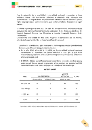 2013Gerencia Regional de Salud Lambayeque
47
Para la reducción de la morbilidad y mortalidad perinatal y neonatal, se hace
necesario contar con información confiable y oportuna, que posibilite una
aproximación a la magnitud real del problema en esta etapa de vida de la niña y niño,
vigilar los progresos de las intervenciones y así sustentar la toma de decisiones según
niveles.
El SSVEPN registra para el año 2012 un total de 269 defunciones peri-neonatales de
las cuales 182 son muertes neonatales, La recolección de los datos es procedente del
Hospital Regional Docente Las Mercedes y Hospital Provincial Docente Belén
Lambayeque.
Con respecto a la calidad del dato se ha mejorado la consistencia de los mismos,
además de la oportunidad del envío de la notificación semanal.
Utilizando la Matriz BABIES para relacionar la variable peso al nacer y momento de
defunción, se obtienen los siguientes resultados:
 En el año 2012, el 44.98 % (121/269) de la mortalidad perinatal neonatal
corresponde a productos con pesos inferiores a 1500 grs. y que están
relacionados a problemas en la salud materna (nutrición, infecciones, embarazos
a temprana edad, etc).
 El 34.57% (93) de las notificaciones corresponden a productos con bajo peso y
peso normal, lo que estaría relacionado a los procesos de atención del RN,
capacidad institucional y educación para el cuidado del RN en el hogar.
MATRIZ BABIES
PESO MUERTE FETAL
MUERTE
NEONATAL TOTAL
ANTES DEL PARTO DURANTE EL PARTO DESPUES DEL PARTO
500-1499 grs 32 0 89 121
1500-2499 grs 12 0 36 48
> 2500 grs 35 8 57 100
TOTAL 79 8 182 269
Fuente: Matriz BABIES.Vigilancia epidemiológica de la mortalidad perinatal y neonatal. GERESA Lambayeque 2012
 