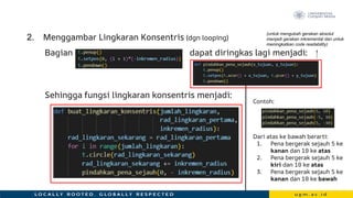 2. Menggambar Lingkaran Konsentris (dgn looping)
Bagian dapat diringkas lagi menjadi:
Sehingga fungsi lingkaran konsentris menjadi:
Contoh:
Dari atas ke bawah berarti:
1. Pena bergerak sejauh 5 ke
kanan dan 10 ke atas
2. Pena bergerak sejauh 5 ke
kiri dan 10 ke atas
3. Pena bergerak sejauh 5 ke
kanan dan 10 ke bawah
(untuk mengubah gerakan absolut
menjadi gerakan inkremental dan untuk
meningkatkan code readability)
 