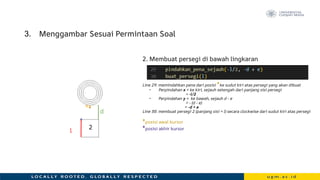 3. Menggambar Sesuai Permintaan Soal
2. Membuat persegi di bawah lingkaran
Line 29: memindahkan pena dari posisi *ke sudut kiri atas persegi yang akan dibuat
• Perpindahan x = ke kiri, sejauh setengah dari panjang sisi persegi
= -l/2
• Perpindahan y = ke bawah, sejauh d - e
= - (d - e)
= -d + e
Line 30: membuat persegi 2 (panjang sisi = l) secara clockwise dari sudut kiri atas persegi
*posisi awal kursor
*posisi akhir kursor
d
e
l
*
*
2
 