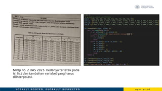 Mirip no. 2 UAS 2023. Bedanya terletak pada
isi list dan tambahan variabel yang harus
diinterpolasi.
 