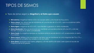 TIPOS DE SISMOS
 Tipos de sismos según su Magnitud y el Daño que causan
 Microsismos: Magnitud menor a 3.0 y no causan daño y si lo hacen es muy poco.
 Sismo menor: Son sismos que se mantienen en una escala de 3.0 a 3.9, y que no ocasionan daño,
y si lo hacen es muy poco.
 Sismo ligero: magnitud de 4.0 a 4.9, y que tienden a generar un daño moderado.
 Sismo Moderado: Estos se reconocen por mantener una escala entre los 5.0 y los 5.9, y a la vez
tienden a producir un daño considerable.
 Sismo fuerte: Su magnitud siempre se mantiene entre la escala de 6.0 y 6.9, ocasionando un daño
muy severo.
 Sismo mayor: Refiere a los movimientos de tierra que se mantienen en una magnitud de 7.0 y 7.9, y
que ocasionan un daño muy amplio y a la vez fuerte.
 Gran Sismo: Es el sismo más fuerte, peligroso y el más dañino de todos, este supera la escala de
magnitud de los 8.0 grados.
 