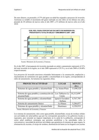 Capítulo 3 Respuesta social con énfasis en salud
Análisis de la situación de salud de Piura | 111
De estos dineros, en promedio, el 27% del gasto en salud fue asignado a proyectos de inversión.
Asimismo es notable el incremento del gasto realizado en este rubro en los últimos tres años,
pasando de 28 millones de nuevos soles el año 2007, a 53 millones de nuevos soles en el año
2010.
Fuente: Ministerio de Economía y Finanzas.
En el año 2007, el presupuesto de inversión ejecutado en salud y saneamiento representó el 21%
del total invertido en la región; en el año 2008 representó el 29.3% y en el año 2009 el 28.60%
respectivamente.
Los proyectos de inversión estuvieron orientados básicamente a la construcción, ampliación y
mejoramiento de suministros de agua potable y alcantarillado en la región, correspondiendo al
rubro de saneamiento. Así tenemos las siguientes obras:
PROYECTO/ACTIVIDAD LUGAR MONTO
(S/.)
Sistemas de agua potable y alcantarillado La Arena-Piura 11,690,520
Sistema de agua potable y construcción de
alcantarillado
Los Tablazos-La
Unión
10,212,699
Sistema de agua potable y alcantarillado Ignacio Escudero
- Sullana
8,767,795
Sistema de saneamiento básico La Huaca 5,286,077
Sistemas de agua potable y alcantarillado Huarmaca 4,350,919
Fuente: Ministerio de Economía y Finanzas
Los sistemas de saneamiento, tales como agua potable, alcantarillado, recojo de residuos sólidos
son actividades de salud pública que por ley corresponde ejecutarlos a los gobiernos locales y
regionales, pero teniendo un impacto importante en la salud de la población, corresponde al
sector salud establecer estrategias que permitan sensibilizar a las autoridades sobre la
conveniencia y necesidad de priorizar actividades que garanticen el consumo de agua segura, la
eliminación de excretas, el recojo de residuos, disminución de humo en los hogares con cocinas
S/. 28267540
S/. 49642550
S/ 53073940
0 10000000 20000000 30000000 40000000 50000000 60000000
2007
2008
2009
GOB. REG. PIURA: PORCENTAJE EN GASTO EN INVERSION DEL
PRESUPUESTO TOTAL EN SALUD Y SANEAMIENTO 2007 - 2009
 