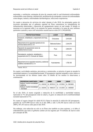 Respuesta social con énfasis en salud Capítulo 3
112 | Análisis de la situación de salud de Piura
mejoradas y ventilación; estrategias de piso de cemento todo lo cual disminuirá enfermedades
transmisibles como diarreas, desnutrición, proliferación de artrópodos vectores de enfermedades
como dengue, malaria; enfermedades dermatológicas, infecciones respiratorias.
En cuanto a proyectos de servicios de salud, durante el año 2010, los principales gastos de
inversión ejecutados por el gobierno regional de Piura consistieron en remodelación de
infraestructura deteriorada y reposición de equipamiento menor en mal estado. El detalle se
muestran en la siguiente tabla y en conjunto los gastos ascienden a la suma de once millones
quinientos cuarenta y nueve mil seiscientos sesenta nuevos soles (S/11,549,660.00).
PROYECTO/ACTIVIDAD LUGAR MONTO (S/.)
Ampliación, rehabilitación y mejoramiento del Hosp.
Apoyo I
Chulucanas 2,819,002
Mejoramiento de la capacidad operativa de los
servicios básicos del E.S. I-4
Bellavista-Sullana 2,344,078
Reposición de equipamiento menor de
establecimiento de salud
Piura 2,903,070
Remodelación, ampliación, rehabilitación y
equipamiento del C.S. Consuelo de Velasco
Piura 1,774,401
Mejoramiento de la capacidad resolutiva y asistencial
obstétrico neonatal del E.S. i-4
Huancabamba 1,709,109
Fuente: M.E.F.
En cuanto a actividades sanitarias, preventivas y asistenciales, se priorizo el gasto en atender la
mortalidad materna y la mortalidad perinatal. El presupuesto regional asignado a estos rubros se
ha incrementado en los últimos cuatro años. El detalle de los montos lo observamos a
continuación:
En el año 2010, el monto asignado a reducción de la morbilidad y mortalidad materna
representó el 7% del presupuesto total en salud y el gasto en reducción de la morbimortalidad
neonatal representó el 1%.
En cuanto al seguro integral de salud (S.I.S.) llama la atención la reducción del presupuesto,
pasando de 14,553,900 nuevos soles en el año 2008, a sólo 1,336,186 nuevos soles en el año
2009 y 307,101 nuevos soles para el año 2010.
Sin embargo, esta reducción no solo es en Piura sino también en otras regiones, y se debe al
endeudamiento que tiene el gobierno central con las regiones por 78 millones de nuevos soles
por concepto de SIS.
PRIORIDAD SANITARIA 2007 2008 2009 2010
Reducir morbi-mortalidad
materna
S/. 240240 S/. 4870515 S/. 1197826 S/. 5824600
Reducir morbi-mortalidad
neonatal
S/. 263646 S/. 4080237 S/. 1312659 S/. 1800000
 