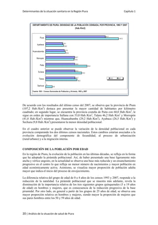Determinantes de la situación sanitaria en la Región Piura Capítulo 1
20 | Análisis de la situación de salud de Piura
De acuerdo con los resultados del último censo del 2007, se observa que la provincia de Piura
(107,2 Hab./Km2
) destaca por presentar la mayor cantidad de habitantes por kilómetro
cuadrado; en segundo lugar, se encuentra la provincia costeña de Paita con 60,8 Hab./Km2
, le
sigue en orden de importancia Sullana con 53,0 Hab./Km2
, Talara 46,2 Hab./Km2
y Morropón
(41,8 Hab./Km2
) mientras que, Huancabamba (29,2 Hab./Km2
), Ayabaca (26,5 Hab./Km2
) y
Sechura (9,8 Hab./Km2
) presentaron la menor densidad poblacional.
En el cuadro anterior se puede observar la variación de la densidad poblacional en cada
provincia comparando los dos últimos censos nacionales. Estos cambios estarían asociados a la
evolución demográfica del componente de fecundidad, al proceso de urbanización
(rural/urbano) y a la migración interna.
COMPOSICIÓN DE LA POBLACIÓN POR EDAD
En la región de Piura, la evolución de la población en las últimas décadas, se refleja en la forma
que ha adoptado la pirámide poblacional. Así, de haber presentado una base ligeramente más
ancha y vértice angosto, en la actualidad se observa una base más reducida y un ensanchamiento
progresivo en el centro lo que refleja un menor número de nacimientos y mayor población en
edad económicamente activa. Asimismo, se visualiza mayor proporción de población adulta
mayor que indica el inicio del proceso de envejecimiento.
La diferencia relativa del grupo de edad de 0 a 4 años de los censos 1993 y 2007, responde a la
reducción de la natalidad. La pirámide poblacional que se muestra más adelante, revela la
disminución de la importancia relativa de los tres siguientes grupos quinquenales (5 a 19 años
de edad) en hombres y mujeres, que es consecuencia de la reducción progresiva de la base
piramidal. Por otro lado, en general a partir de los grupos de 25 años de edad, se observa una
mayor proporción relativa en hombres y mujeres, siendo mayor la proporción de mujeres que
sus pares hombres entre los 50 y 59 años de edad.
 