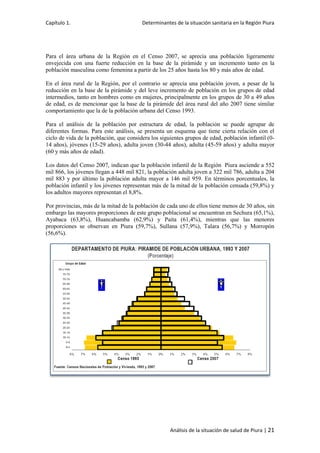 Capítulo 1. Determinantes de la situación sanitaria en la Región Piura
Análisis de la situación de salud de Piura | 21
Para el área urbana de la Región en el Censo 2007, se aprecia una población ligeramente
envejecida con una fuerte reducción en la base de la pirámide y un incremento tanto en la
población masculina como femenina a partir de los 25 años hasta los 80 y más años de edad.
En el área rural de la Región, por el contrario se aprecia una población joven, a pesar de la
reducción en la base de la pirámide y del leve incremento de población en los grupos de edad
intermedios, tanto en hombres como en mujeres, principalmente en los grupos de 30 a 49 años
de edad, es de mencionar que la base de la pirámide del área rural del año 2007 tiene similar
comportamiento que la de la población urbana del Censo 1993.
Para el análisis de la población por estructura de edad, la población se puede agrupar de
diferentes formas. Para este análisis, se presenta un esquema que tiene cierta relación con el
ciclo de vida de la población, que considera los siguientes grupos de edad, población infantil (0-
14 años), jóvenes (15-29 años), adulta joven (30-44 años), adulta (45-59 años) y adulta mayor
(60 y más años de edad).
Los datos del Censo 2007, indican que la población infantil de la Región Piura asciende a 552
mil 866, los jóvenes llegan a 448 mil 821, la población adulta joven a 322 mil 786, adulta a 204
mil 883 y por último la población adulta mayor a 146 mil 959. En términos porcentuales, la
población infantil y los jóvenes representan más de la mitad de la población censada (59,8%) y
los adultos mayores representan el 8,8%.
Por provincias, más de la mitad de la población de cada uno de ellos tiene menos de 30 años, sin
embargo las mayores proporciones de este grupo poblacional se encuentran en Sechura (65,1%),
Ayabaca (63,8%), Huancabamba (62,9%) y Paita (61,4%), mientras que las menores
proporciones se observan en Piura (59,7%), Sullana (57,9%), Talara (56,7%) y Morropón
(56,6%).
 