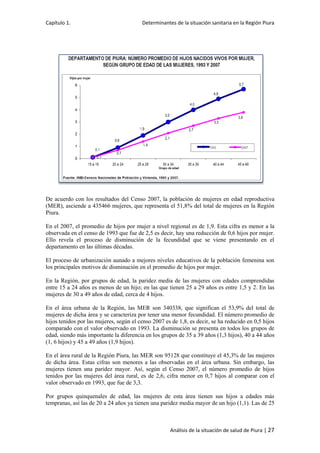 Capítulo 1. Determinantes de la situación sanitaria en la Región Piura
Análisis de la situación de salud de Piura | 27
De acuerdo con los resultados del Censo 2007, la población de mujeres en edad reproductiva
(MER), asciende a 435466 mujeres, que representa el 51,8% del total de mujeres en la Región
Piura.
En el 2007, el promedio de hijos por mujer a nivel regional es de 1,9. Esta cifra es menor a la
observada en el censo de 1993 que fue de 2,5 es decir, hay una reducción de 0,6 hijos por mujer.
Ello revela el proceso de disminución de la fecundidad que se viene presentando en el
departamento en las últimas décadas.
El proceso de urbanización aunado a mejores niveles educativos de la población femenina son
los principales motivos de disminución en el promedio de hijos por mujer.
En la Región, por grupos de edad, la paridez media de las mujeres con edades comprendidas
entre 15 a 24 años es menos de un hijo; en las que tienen 25 a 29 años es entre 1,5 y 2. En las
mujeres de 30 a 49 años de edad, cerca de 4 hijos.
En el área urbana de la Región, las MER son 340338, que significan el 53,9% del total de
mujeres de dicha área y se caracteriza por tener una menor fecundidad. El número promedio de
hijos tenidos por las mujeres, según el censo 2007 es de 1,8, es decir, se ha reducido en 0,5 hijos
comparado con el valor observado en 1993. La disminución se presenta en todos los grupos de
edad, siendo más importante la diferencia en los grupos de 35 a 39 años (1,3 hijos), 40 a 44 años
(1, 6 hijos) y 45 a 49 años (1,9 hijos).
En el área rural de la Región Piura, las MER son 95128 que constituye el 45,3% de las mujeres
de dicha área. Estas cifras son menores a las observadas en el área urbana. Sin embargo, las
mujeres tienen una paridez mayor. Así, según el Censo 2007, el número promedio de hijos
tenidos por las mujeres del área rural, es de 2,6, cifra menor en 0,7 hijos al comparar con el
valor observado en 1993, que fue de 3,3.
Por grupos quinquenales de edad, las mujeres de esta área tienen sus hijos a edades más
tempranas, así las de 20 a 24 años ya tienen una paridez media mayor de un hijo (1,1). Las de 25
 