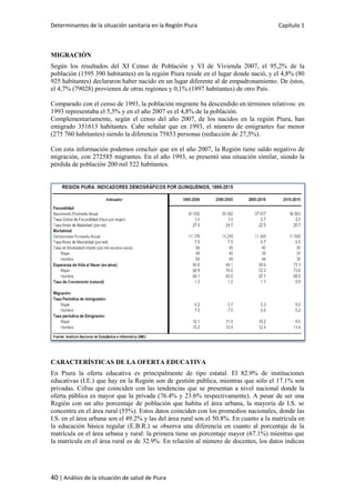 Determinantes de la situación sanitaria en la Región Piura Capítulo 1
40 | Análisis de la situación de salud de Piura
MIGRACIÓN
Según los resultados del XI Censo de Población y VI de Vivienda 2007, el 95,2% de la
población (1595 390 habitantes) en la región Piura reside en el lugar donde nació, y el 4,8% (80
925 habitantes) declararon haber nacido en un lugar diferente al de empadronamiento. De éstos,
el 4,7% (79028) provienen de otras regiones y 0,1% (1897 habitantes) de otro País.
Comparado con el censo de 1993, la población migrante ha descendido en términos relativos: en
1993 representaba el 5,5% y en el año 2007 es el 4,8% de la población.
Complementariamente, según el censo del año 2007, de los nacidos en la región Piura, han
emigrado 351613 habitantes. Cabe señalar que en 1993, el número de emigrantes fue menor
(275 760 habitantes) siendo la diferencia 75853 personas (reducción de 27,5%).
Con esta información podemos concluir que en el año 2007, la Región tiene saldo negativo de
migración, con 272585 migrantes. En el año 1993, se presentó una situación similar, siendo la
pérdida de población 200 mil 522 habitantes.
CARACTERÍSTICAS DE LA OFERTA EDUCATIVA
En Piura la oferta educativa es principalmente de tipo estatal. El 82.9% de instituciones
educativas (I.E.) que hay en la Región son de gestión pública, mientras que sólo el 17.1% son
privadas. Cifras que coinciden con las tendencias que se presentan a nivel nacional donde la
oferta pública es mayor que la privada (76.4% y 23.6% respectivamente). A pesar de ser una
Región con un alto porcentaje de población que habita el área urbana, la mayoría de I.S. se
concentra en el área rural (55%). Estos datos coinciden con los promedios nacionales, donde las
I.S. en el área urbana son el 49.2% y las del área rural son el 50.8%. En cuanto a la matrícula en
la educación básica regular (E.B.R.) se observa una diferencia en cuanto al porcentaje de la
matrícula en el área urbana y rural: la primera tiene un porcentaje mayor (67.1%) mientras que
la matrícula en el área rural es de 32.9%. En relación al número de docentes, los datos indican
 