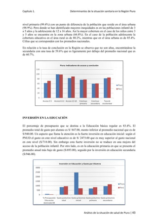 Capítulo 1. Determinantes de la situación sanitaria en la Región Piura
Análisis de la situación de salud de Piura | 43
nivel primario (99.4%) con un punto de diferencia de la población que reside en el área urbana
(98.9%). Pero donde se han identificado mayores inequidades es en las poblaciones infantil de 3
a 5 años y la adolescente de 12 a 16 años. Así la mayor cobertura en el caso de los niños entre 3
y 5 años se encuentra en la zona urbana (66.8%). En el caso de la población adolescente la
cobertura educativa en el área rural es de 80.2%, mientras que en el área urbana es de 85.4%.
Cifras que se corresponden con los promedios nacionales.
En relación a la tasa de conclusión en la Región se observa que no son altas, encontrándose la
secundaria con una tasa de 59.6% que es ligeramente por debajo del promedio nacional que es
de 60.7%.
INVERSIÓN EN LA EDUCACIÓN
El porcentaje de presupuesto que se destina a la Educación básica regular es 83.4%. El
promedio total de gasto por alumno es S/ 847.00, monto inferior al promedio nacional que es de
S/940.00. Un aspecto que llama la atención es la fuerte inversión en educación inicial: según el
PNUD el gasto en este nivel educativo es de S/ 2473.00 que es muy superior al gasto nacional
en este nivel (S/718.00). Sin embargo esta fuerte inversión no se traduce en una mejora del
acceso de la población infantil. Por otro lado, es en la educación primaria en que se presenta el
promedio anual más bajo de gasto (S/693.00), seguido por la inversión en educación secundaria
(S/946.00).
 