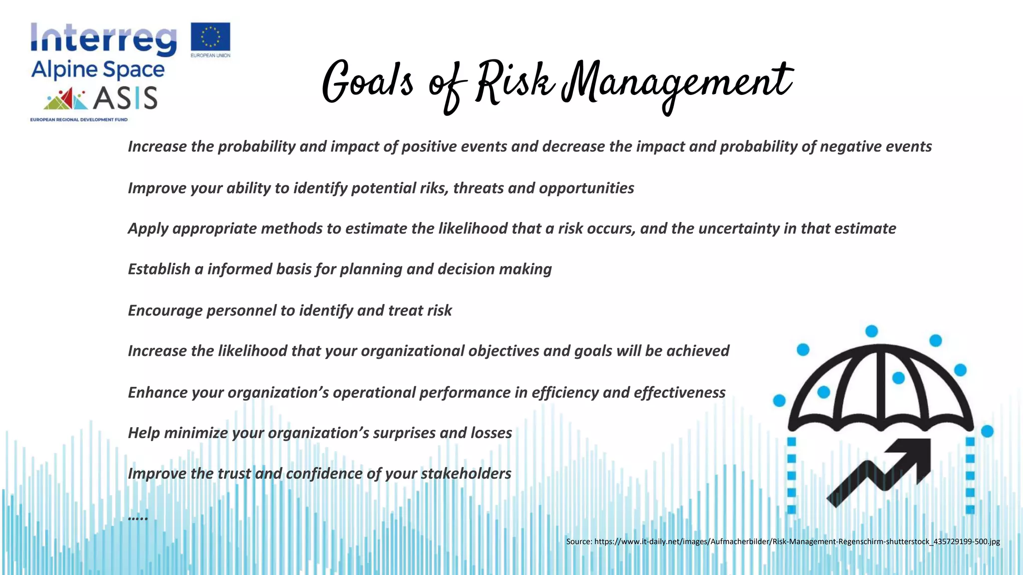 Goals of Risk Management
Source: https://www.it-daily.net/images/Aufmacherbilder/Risk-Management-Regenschirm-shutterstock_435729199-500.jpg
Increase the probability and impact of positive events and decrease the impact and probability of negative events
Improve your ability to identify potential riks, threats and opportunities
Apply appropriate methods to estimate the likelihood that a risk occurs, and the uncertainty in that estimate
Establish a informed basis for planning and decision making
Encourage personnel to identify and treat risk
Increase the likelihood that your organizational objectives and goals will be achieved
Enhance your organization’s operational performance in efficiency and effectiveness
Help minimize your organization’s surprises and losses
Improve the trust and confidence of your stakeholders
…..
 