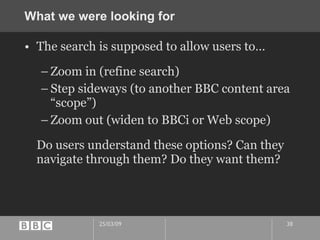 What we were looking for The search is supposed to allow users to… Zoom in (refine search) Step sideways (to another BBC content area “scope”) Zoom out (widen to BBCi or Web scope) Do users understand these options? Can they navigate through them? Do they want them? 