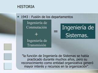 HISTORIA 1943 : Fusión de los departamentos "la función de Ingeniería de Sistemas se había practicado durante muchos años, pero su reconocimiento como entidad organizativa generó mayor interés y recursos en la organización".  Ingeniería de  Sistemas.  Ingeniería de Conmutación  +  Ingeniería de Transmisión  = 