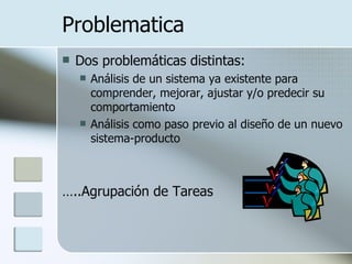 Problematica Dos problemáticas distintas:  Análisis de un sistema ya existente para comprender, mejorar, ajustar y/o predecir su comportamiento Análisis como paso previo al diseño de un nuevo sistema-producto … ..Agrupación de Tareas 