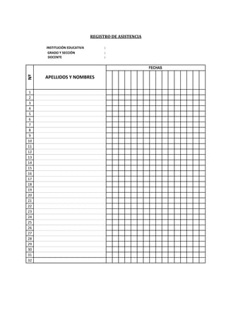 INSTITUCIÓN EDUCATIVA :
GRADO Y SECCIÓN :
DOCENTE :
1
2
3
4
5
6
7
8
9
10
11
12
13
14
15
16
17
18
19
20
21
22
23
24
25
26
27
28
29
30
31
32
REGISTRO DE ASISTENCIA
FECHAS
Nº
APELLIDOS Y NOMBRES
 