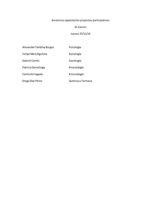 Asistencia capacitación proyectos participativos 
Ex Casino 
Jueves 27/11/14 
Alexander Tamblay Burgos Psicología 
Felipe Mery Aguilera Sociología 
Gabriel Cortés Sociología 
Patricio Gorostiaga Kinesiología 
Camila Arriagada Kinesiología 
Diego Díaz Pérez Química y Farmacia 
