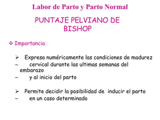 Labor de Parto y Parto Normal 
PUNTAJE PELVIANO DE 
BISHOP 
 Importancia 
 Expresa numéricamente las condiciones de madurez 
– cervical durante las ultimas semanas del 
embarazo 
– y al inicio del parto 
 Permite decidir la posibilidad de inducir el parto 
– en un caso determinado 
 