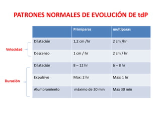 PATRONES NORMALES DE EVOLUCIÓN DE tdP 
Primíparas multíparas 
Dilatación 1,2 cm /hr 2 cm /hr 
Descenso 1 cm / hr 2 cm / hr 
Dilatación 8 – 12 hr 6 – 8 hr 
Expulsivo Max: 2 hr Max: 1 hr 
Alumbramiento máximo de 30 min Max 30 min 
Velocidad 
Duración 
 