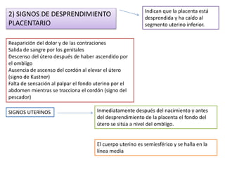 2) SIGNOS DE DESPRENDIMIENTO 
PLACENTARIO 
Indican que la placenta está 
desprendida y ha caído al 
segmento uterino inferior. 
Reaparición del dolor y de las contraciones 
Salida de sangre por los genitales 
Descenso del útero después de haber ascendido por 
el ombligo 
Ausencia de ascenso del cordón al elevar el útero 
(signo de Kustner) 
Falta de sensación al palpar el fondo uterino por el 
abdomen mientras se tracciona el cordón (signo del 
pescador) 
SIGNOS UTERINOS Inmediatamente después del nacimiento y antes 
del desprendimiento de la placenta el fondo del 
útero se sitúa a nivel del ombligo. 
El cuerpo uterino es semiesférico y se halla en la 
línea media 
 