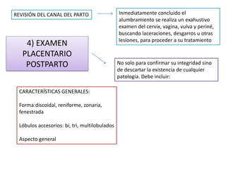 REVISIÓN DEL CANAL DEL PARTO Inmediatamente concluido el 
alumbramiento se realiza un exahustivo 
examen del cervix, vagina, vulva y periné, 
buscando laceraciones, desgarros u otras 
lesiones, para proceder a su tratamiento 4) EXAMEN 
PLACENTARIO 
POSTPARTO No solo para confirmar su integridad sino 
de descartar la existencia de cualquier 
patología. Debe incluir: 
CARACTERÍSTICAS GENERALES: 
Forma:discoidal, reniforme, zonaria, 
fenestrada 
Lóbulos accesorios: bi, tri, multilobulados 
Aspecto general 
 