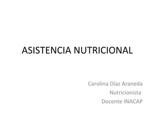 ASISTENCIA NUTRICIONAL
Carolina Díaz Araneda
Nutricionista
Docente INACAP
 