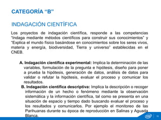 15
CATEGORÍA “B”
INDAGACIÓN CIENTÍFICA
Los proyectos de indagación científica, responde a las competencias
“Indaga mediante métodos científicos para construir sus conocimientos” y
“Explica el mundo físico basándose en conocimientos sobre los seres vivos,
materia y energía, biodiversidad, Tierra y universo” establecidas en el
CNEB.
A. Indagación científica experimental: Implica la determinación de las
variables, formulación de la pregunta e hipótesis, diseño para poner
a prueba la hipótesis, generación de datos, análisis de datos para
validar o refutar la hipótesis, evaluar el proceso y comunicar los
resultados.
B. Indagación científica descriptiva: Implica la descripción o recoger
información de un hecho o fenómeno mediante la observación
sistemática y la información científica, tal como se presenta en una
situación de espacio y tiempo dado buscando evaluar el proceso y
los resultados y comunicarlos. Por ejemplo el monitoreo de las
Parihuanas durante su época de reproducción en Salinas y Aguada
Blanca.
 